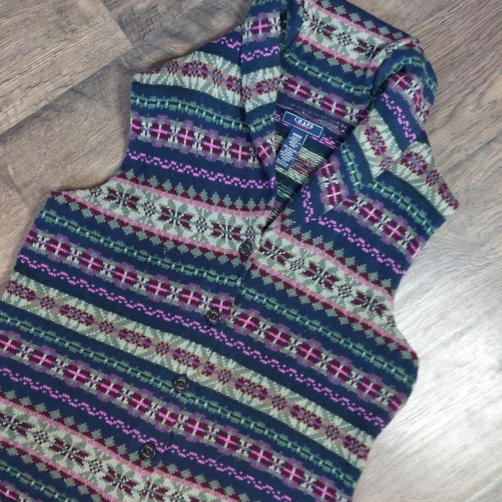 Chaps Vest Womens medium Button Up‎ Fair Isle Cotton Blend western style